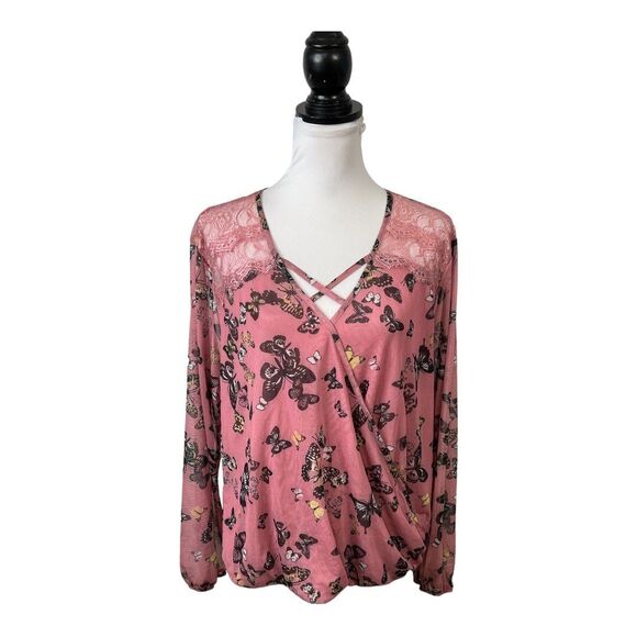 NOBO No Boundaries Blouse Plus XXXL 21 Pink Cottagecore Lace Keyhole Butterflies - Picture 1 of 10